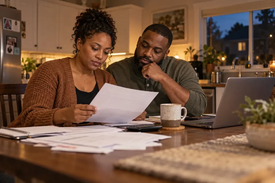 A couple at a kitchen table in the evening reviewing household papers beside a laptop, calculator and coffee mug