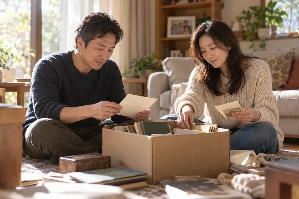 Two adult siblings going through an old box of folders and keepsakes at home