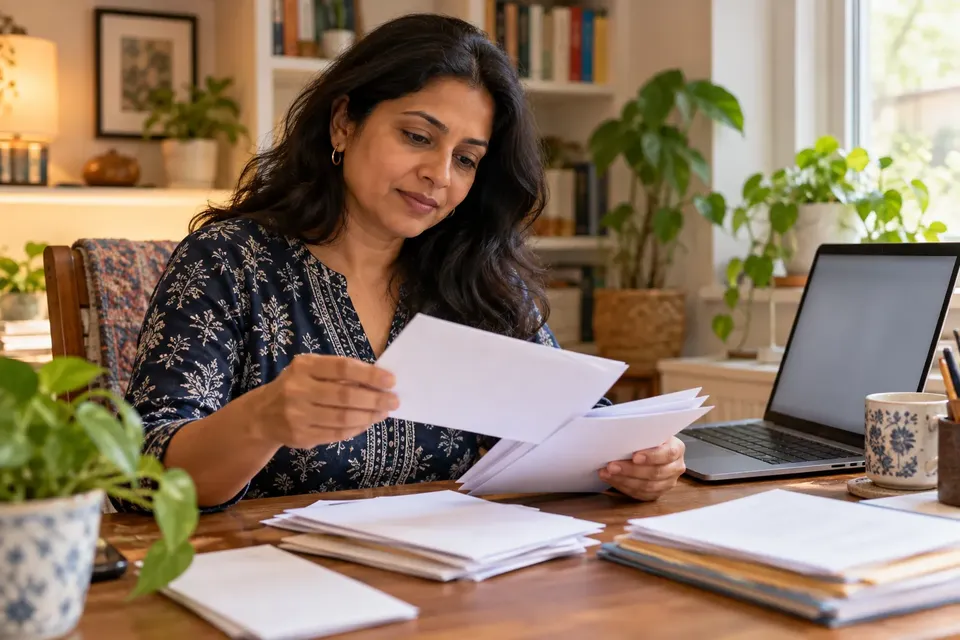 A woman sorting household papers and mail at a home desk beside a laptop