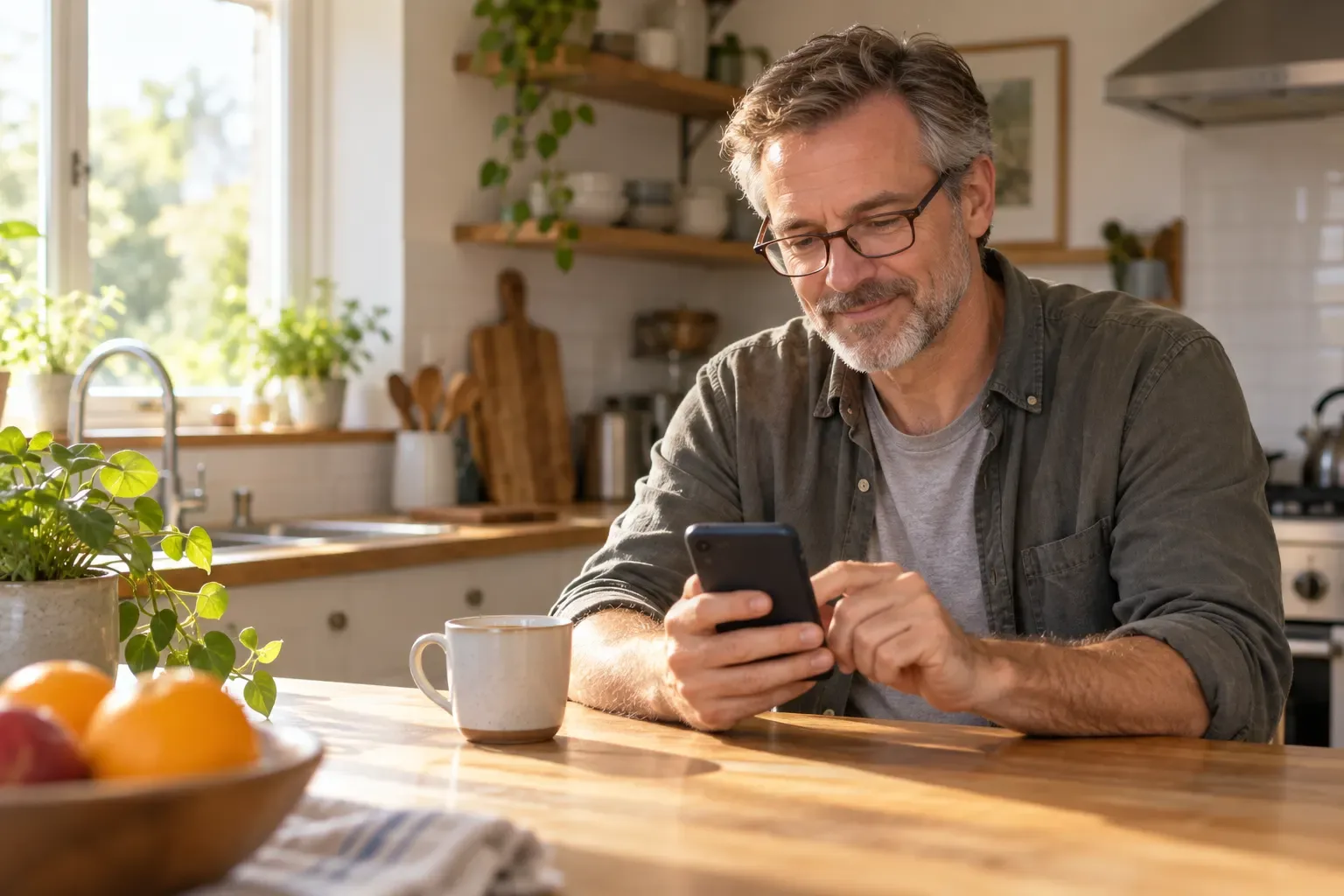 A man in reading glasses scrolling on his phone at a kitchen counter