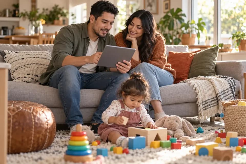 A young couple on a sofa looking at a tablet while their toddler plays on the rug