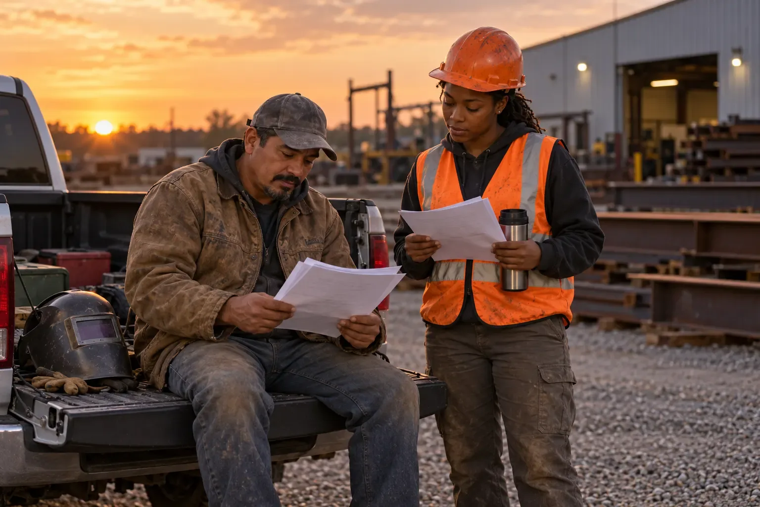 A welder sitting on a pickup tailgate reading printed pages beside a coworker in a hard hat and safety vest at a steel yard at sunset