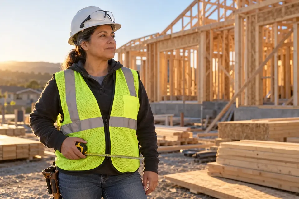 A construction worker in a white hard hat, safety glasses and a yellow high-visibility vest holds a tape measure at a wood-framed house under construction at sunrise