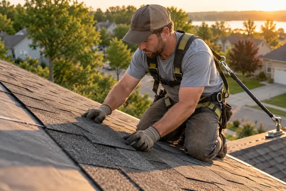 A roofer wearing a safety harness and work gloves kneels on a sloped shingle roof while laying shingles, with trees and houses below in late-afternoon light