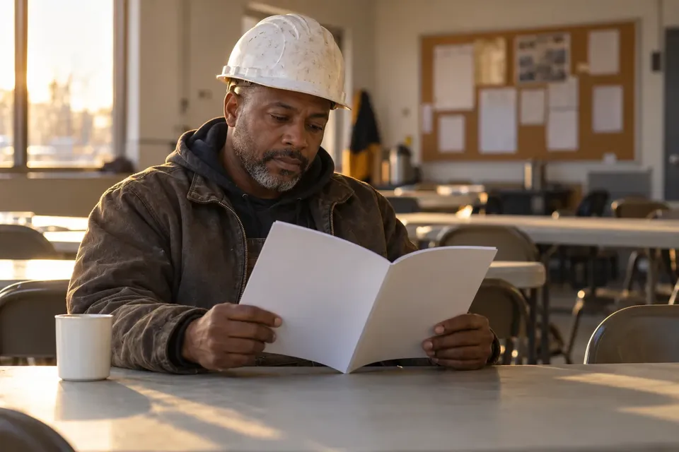 A middle-aged construction worker in a white hard hat reads a benefits booklet at a table in a sunlit meeting hall, with a coffee mug beside him