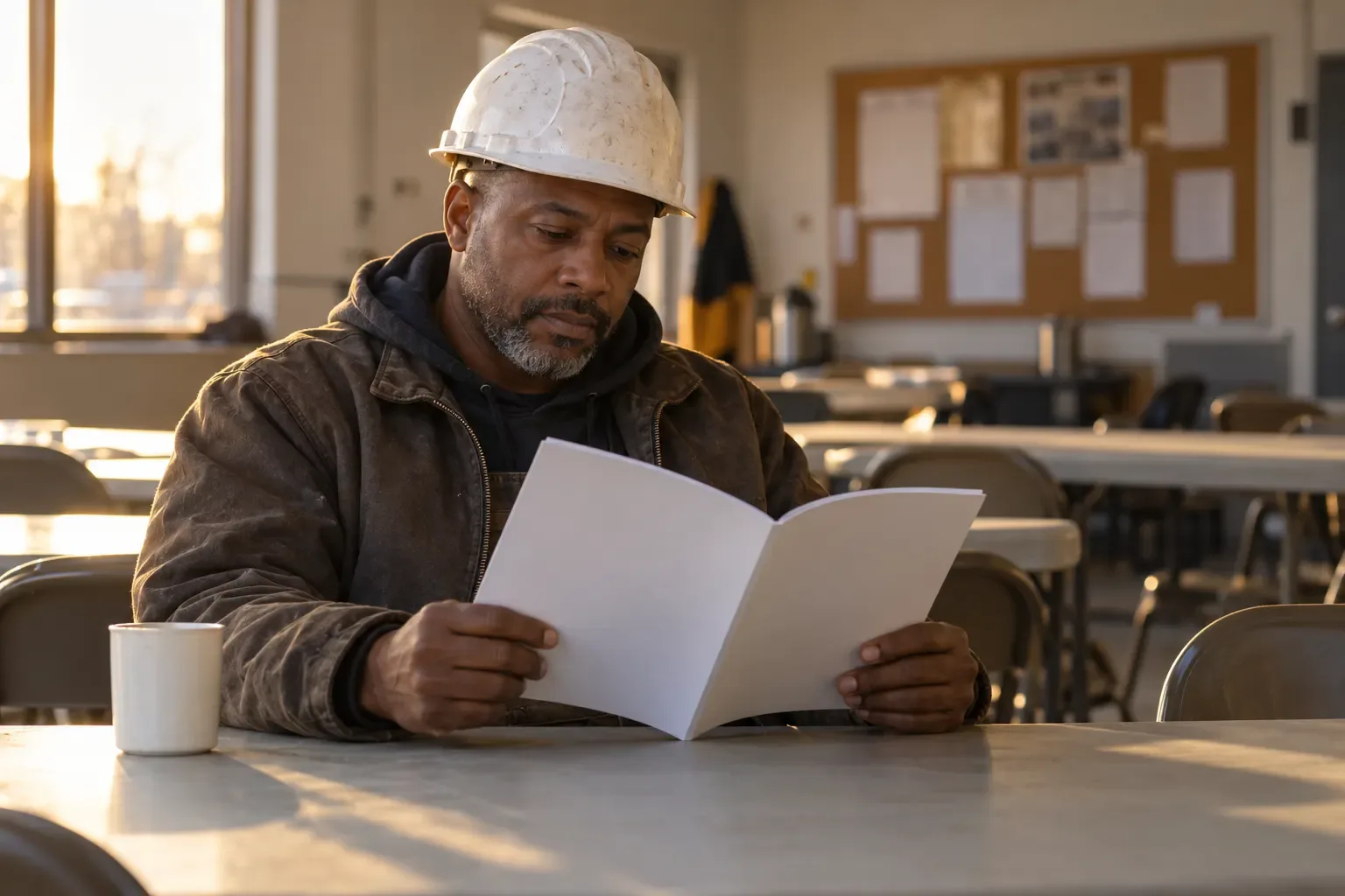 A middle-aged construction worker in a white hard hat reads a benefits booklet at a table in a sunlit meeting hall, with a coffee mug beside him