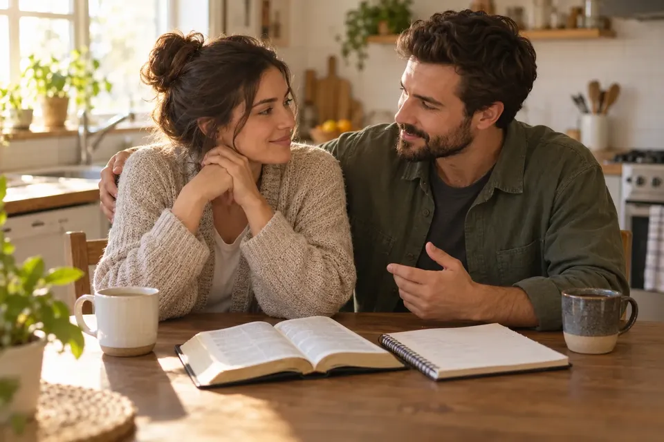 A young couple talking quietly at a kitchen table with an open Bible and a notebook
