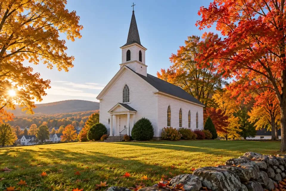A small white clapboard country church with a steeple, surrounded by autumn trees