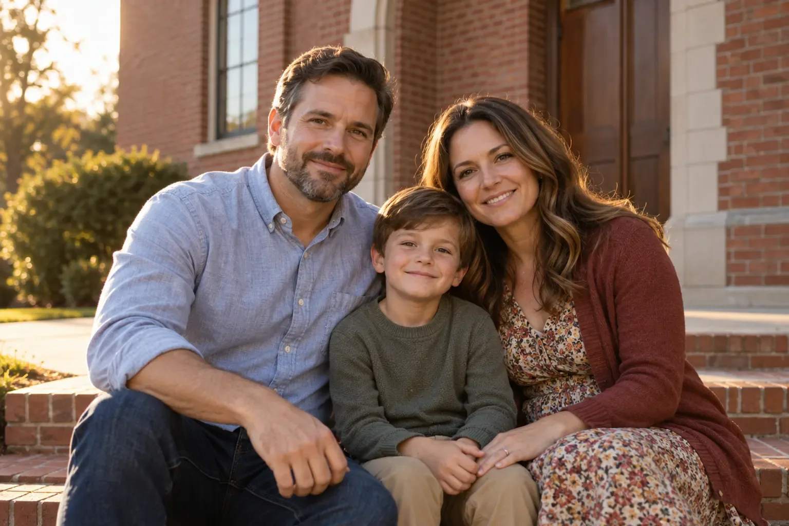 A man, his wife and their young son sitting together on the brick steps of a church