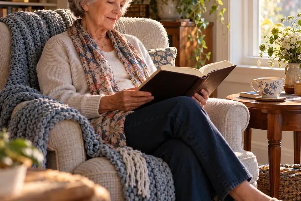 An older woman reading an open Bible in an armchair by a sunlit window