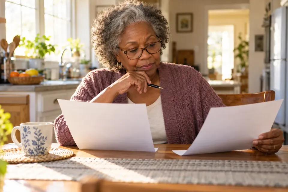 Older woman in reading glasses comparing two printed pages at a sunny kitchen table
