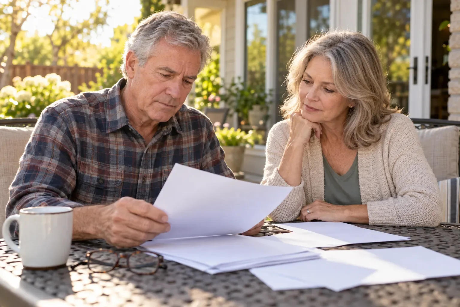 Gray-haired man in a flannel shirt and his wife reading through paperwork at a patio table