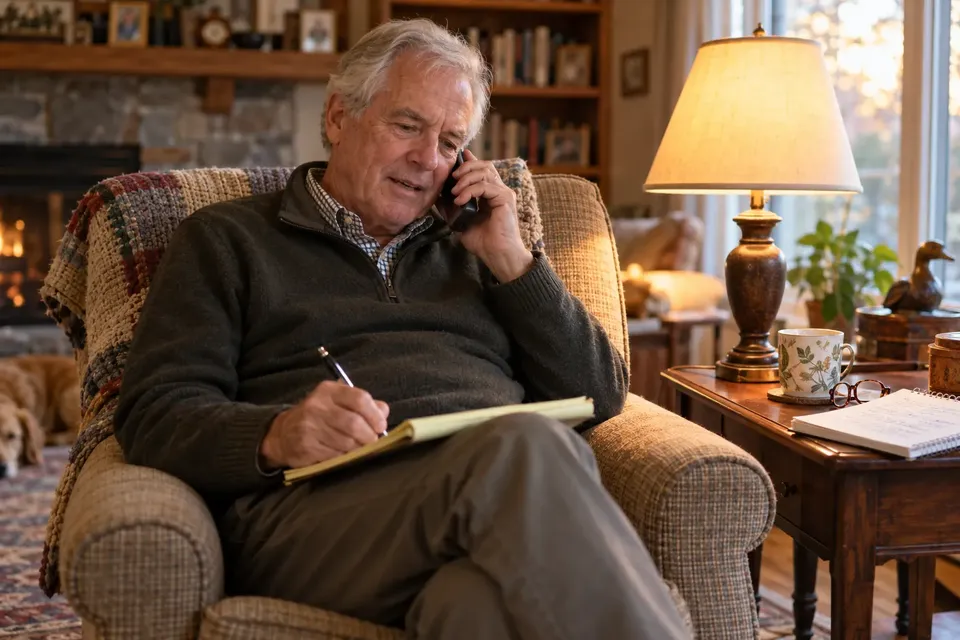 Older man in an armchair talking on the phone while writing notes on a notepad