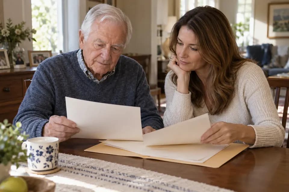 Older man and his adult daughter reviewing papers from a manila folder at a dining table