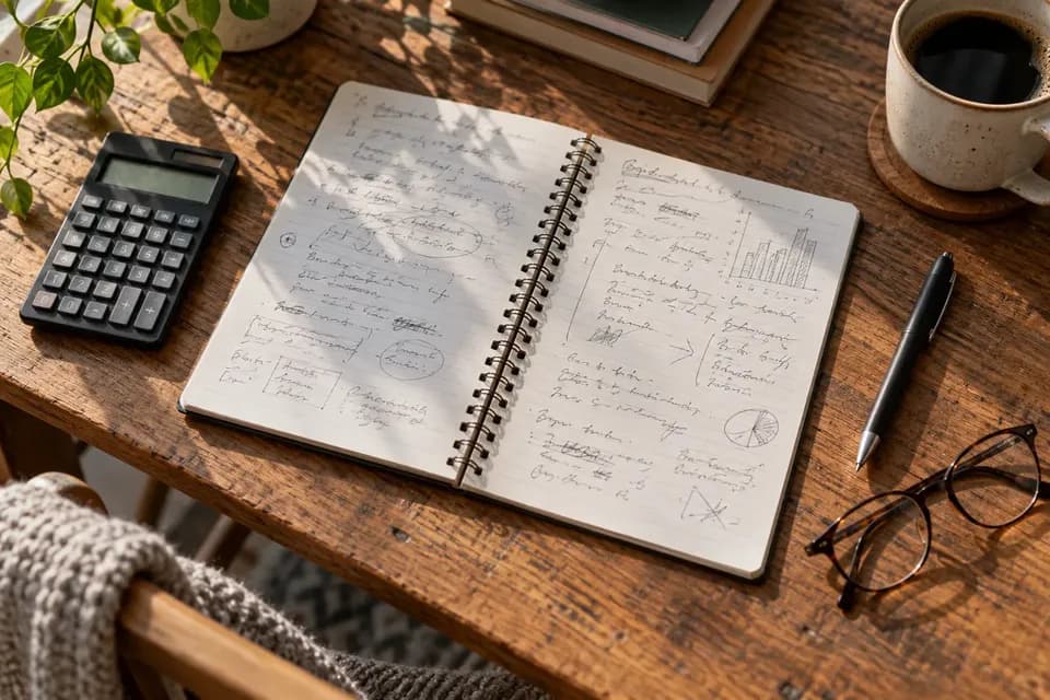 Open spiral notebook with handwritten notes, a calculator, a pen and reading glasses on a wooden table