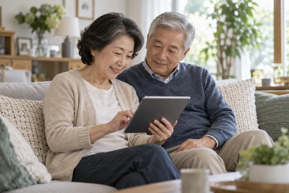 Senior couple on a living room sofa looking at a tablet together