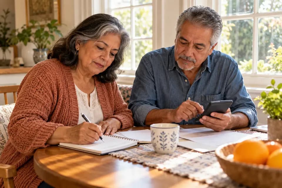 Couple in their sixties at a breakfast table, one writing figures in a notebook while the other checks a phone