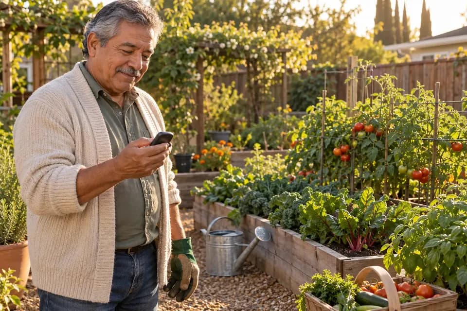 A smiling older man in a cardigan and garden gloves checks a handheld device while standing beside raised vegetable beds in a sunny backyard