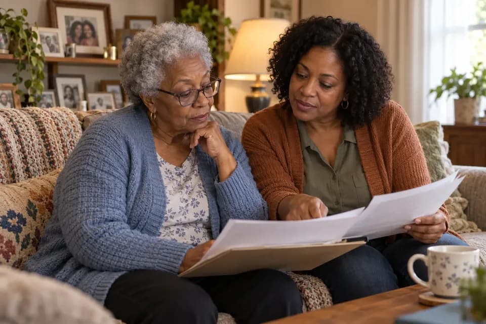 An older woman with gray hair and glasses sits on a living room sofa with her adult daughter, looking over papers in a folder together