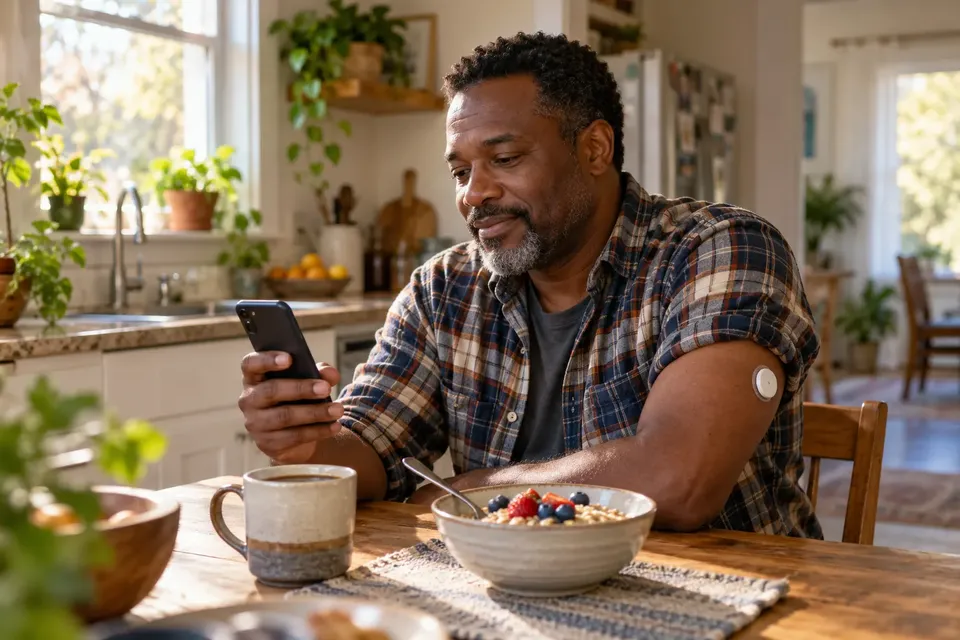 A man at a kitchen table checks his phone during breakfast, with a small glucose sensor on the back of his upper arm