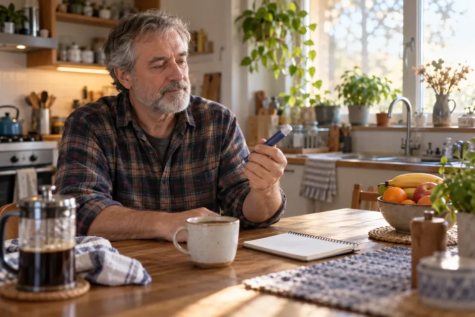 A gray-haired man in a plaid shirt sits at a sunny kitchen table holding an insulin pen, with a mug of coffee and a notebook in front of him