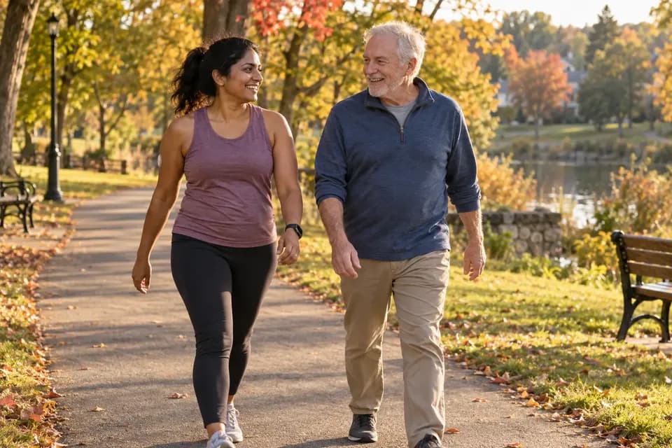 A woman and an older man walk and chat on a leafy park path in autumn; she wears a small glucose sensor on the back of her arm