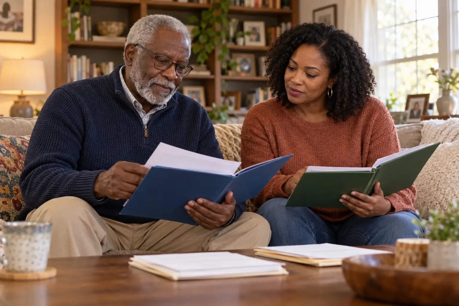 An older man and his adult daughter sitting on a living room sofa, comparing two folders of documents