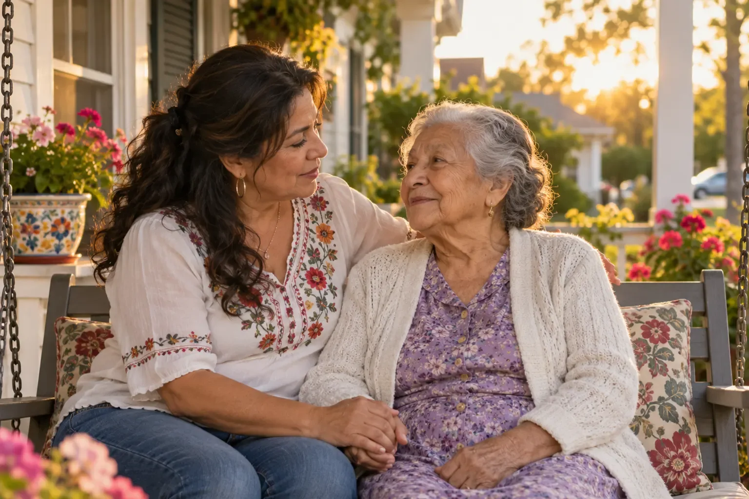 An adult daughter holding her elderly mother's hand as they talk on a porch swing