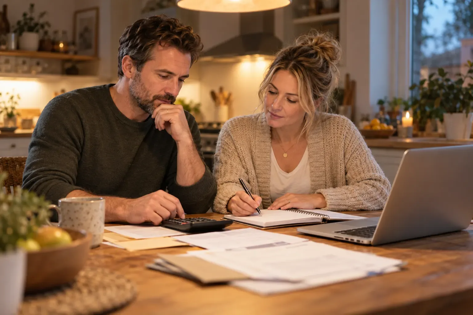 A couple works through household numbers with a calculator, notepad and laptop at their kitchen table