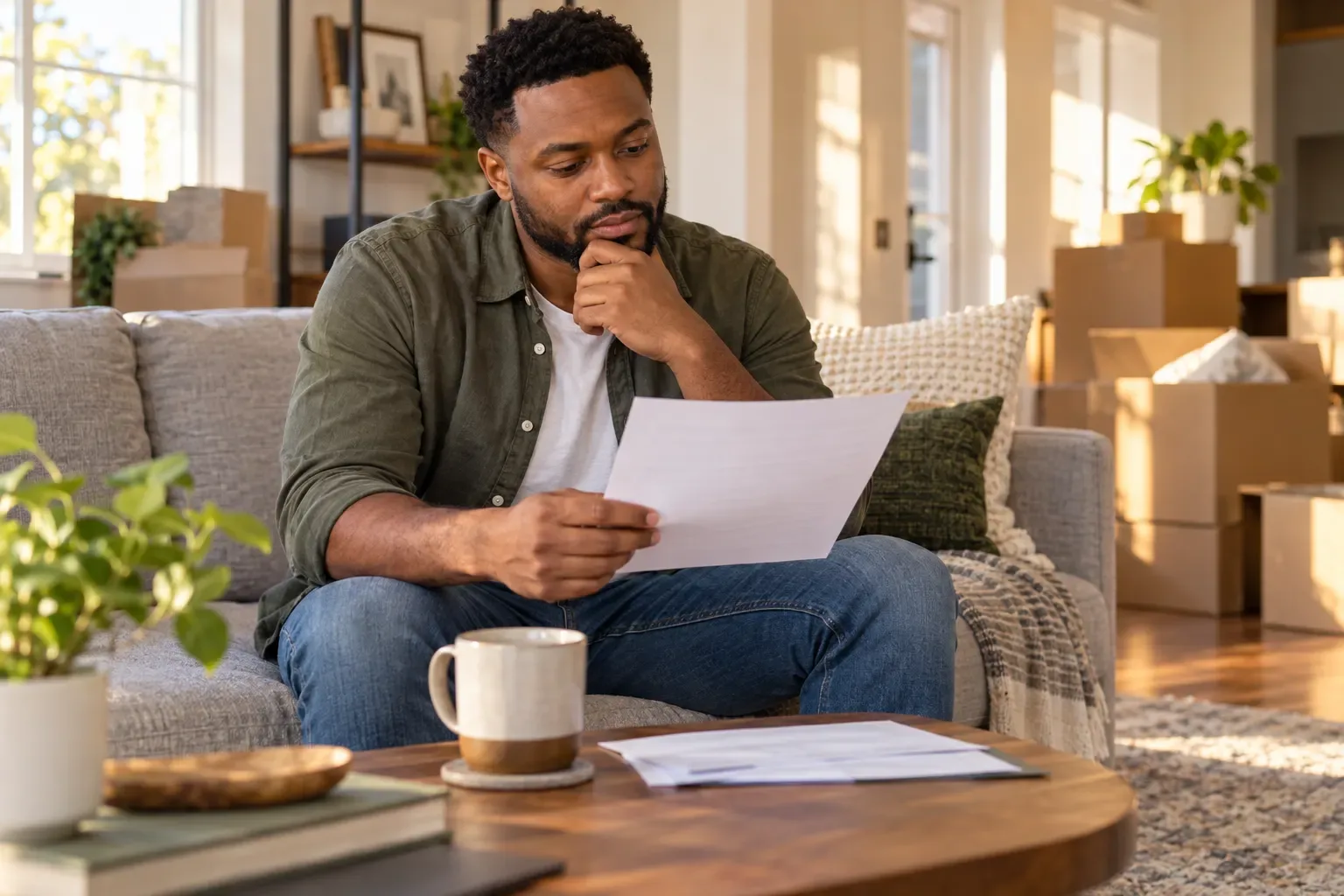 A man reads a home loan statement on his living room couch, with moving boxes in the background