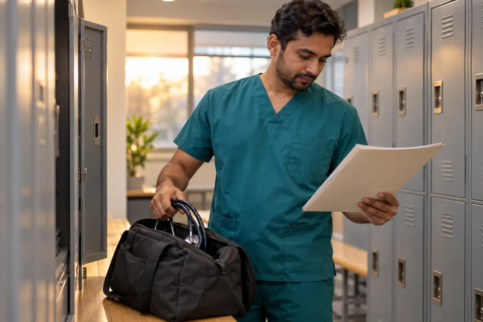 A nurse in teal scrubs packs a stethoscope into a bag at a staff locker while reading a folder of papers.