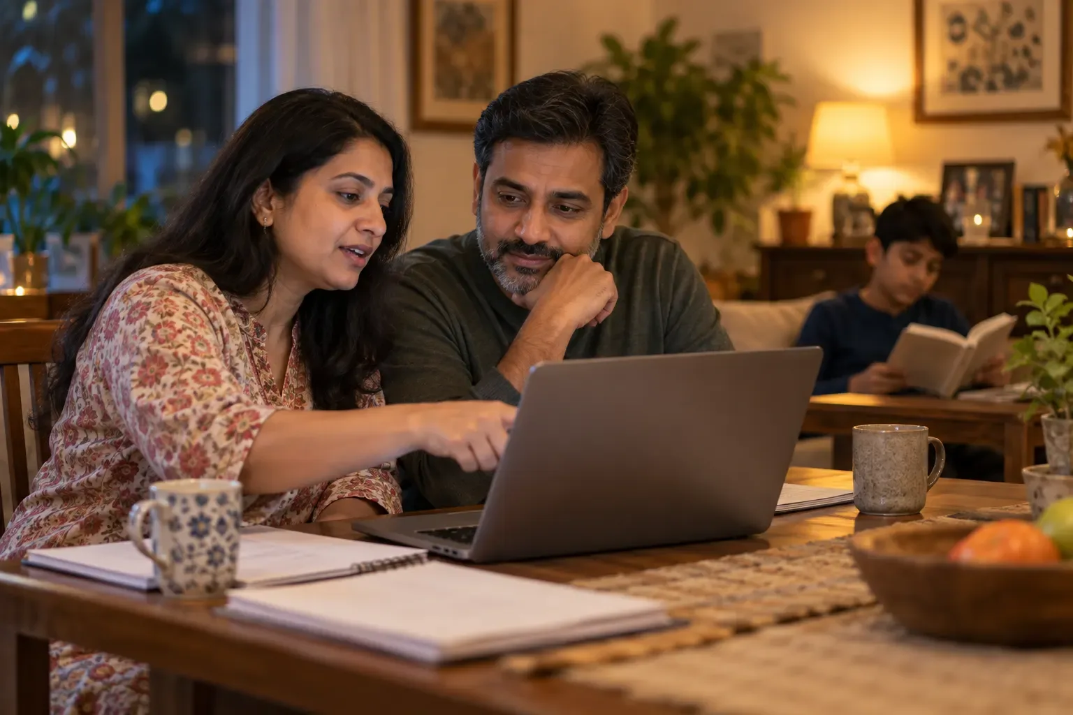 A couple in their early 40s discussing something on a laptop at the dining table while their son reads nearby