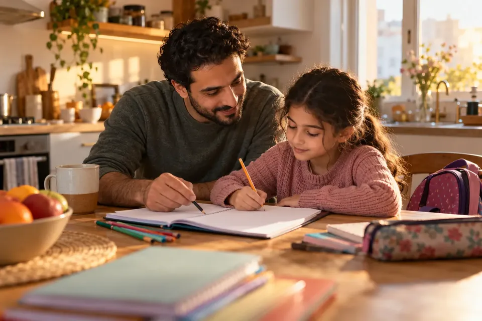 A father helping his young daughter with homework at the kitchen table