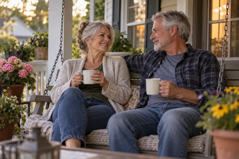 An older couple talking on a porch swing with coffee mugs