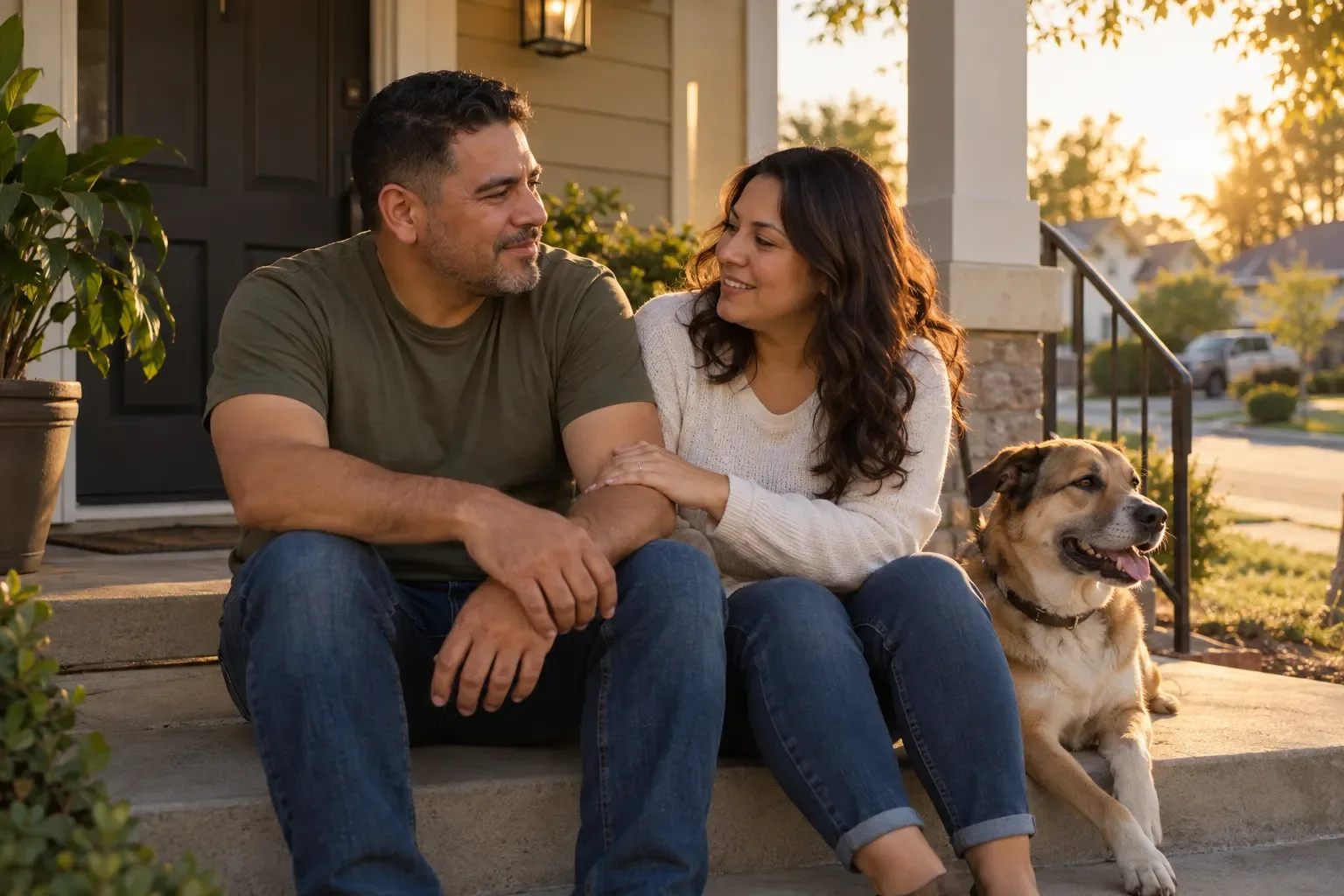 A man and his wife sit on their front porch steps with their dog in warm evening light