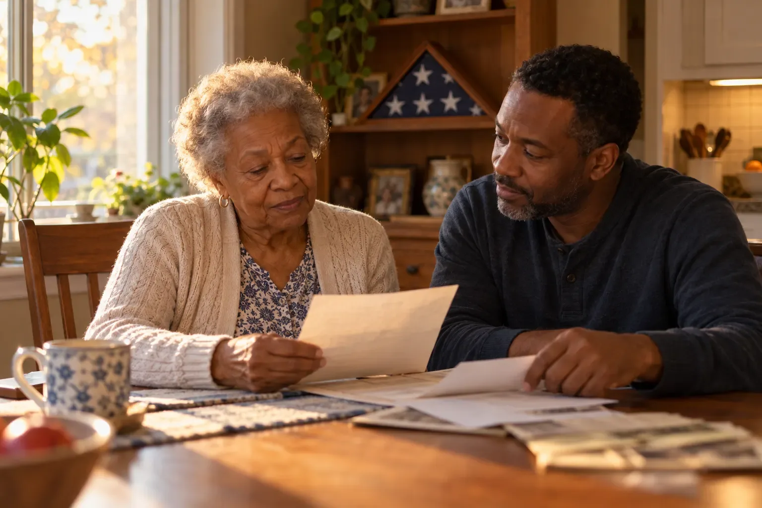 An older woman and her adult son review papers at a kitchen table, with a folded flag in a display case on the shelf behind them