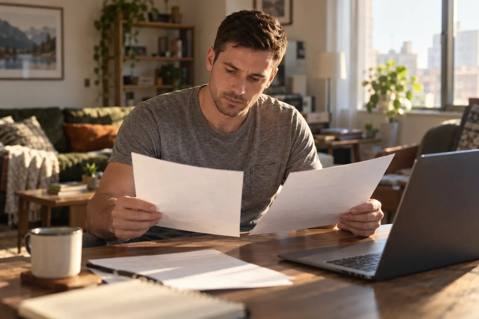 A man compares two printed papers at a desk beside an open laptop in his apartment