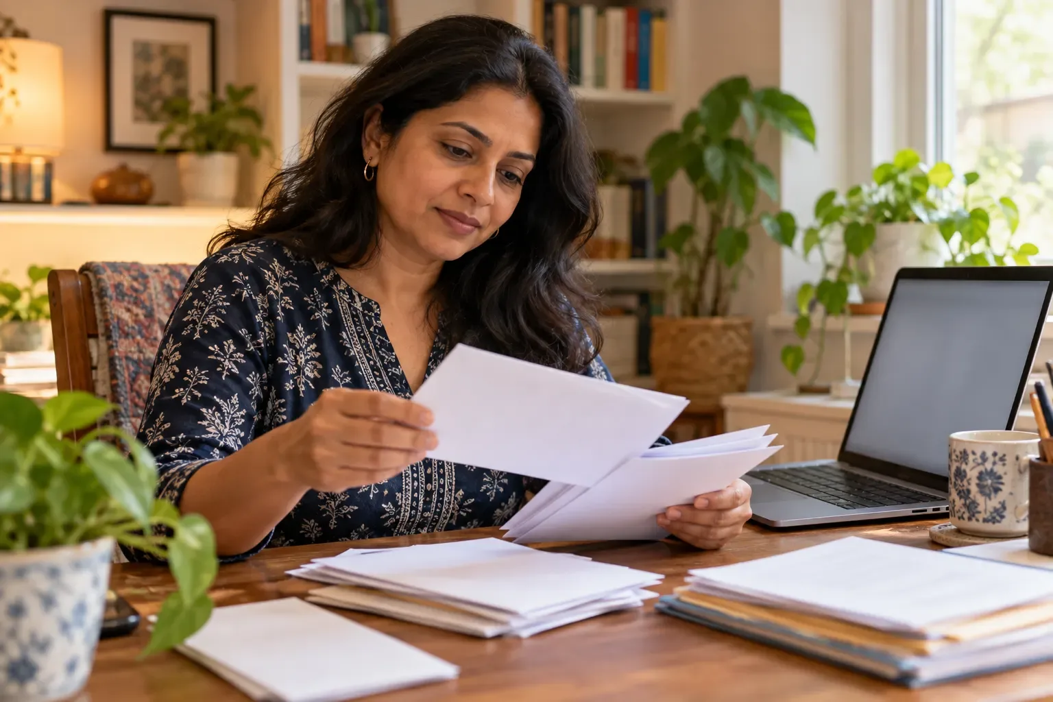 A woman sorting household papers and mail at a home desk beside a laptop
