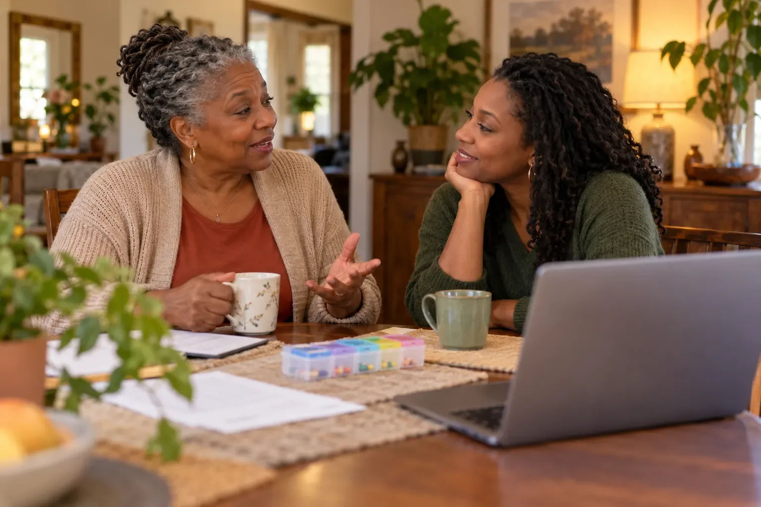 A mother and adult daughter talking at a dining table with a laptop and a pill organizer