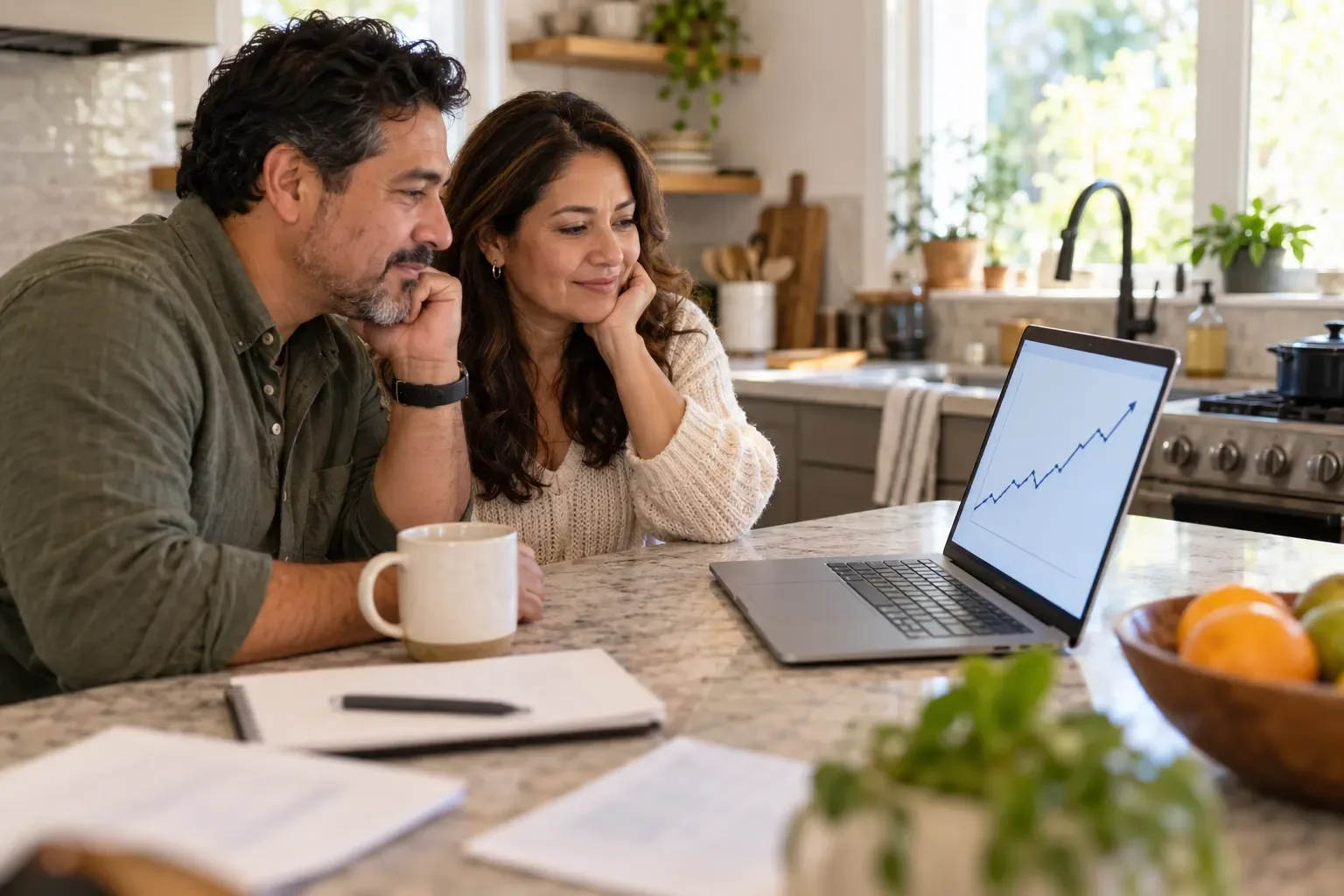 A couple in their late 40s looking at a line chart on a laptop at a kitchen island