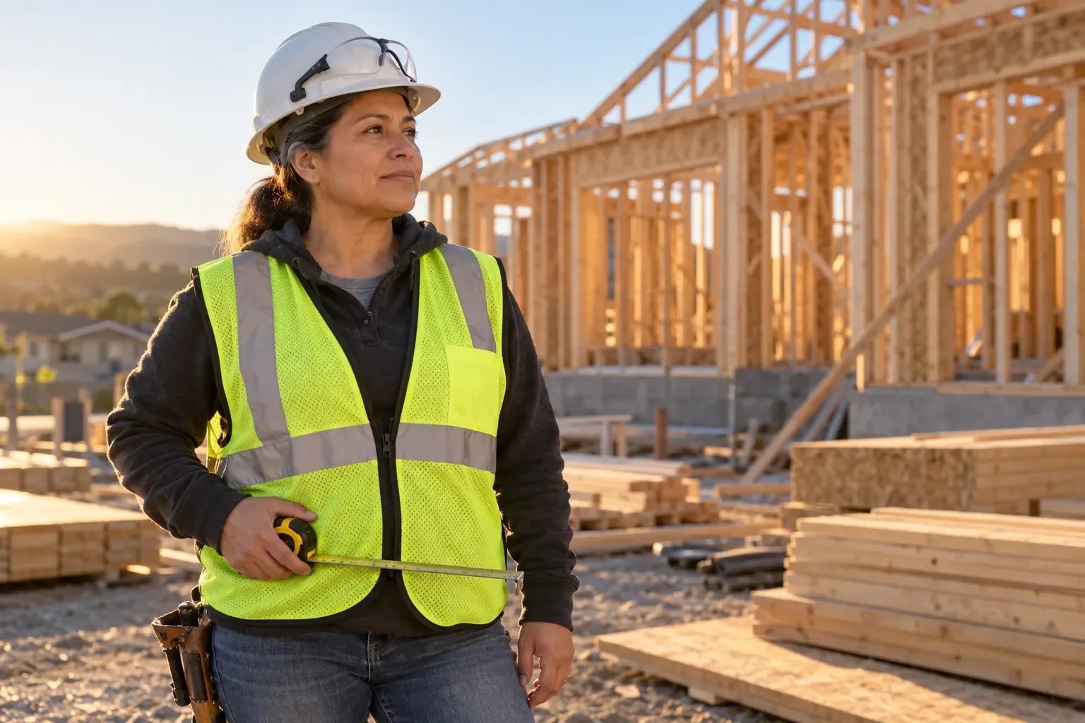 A construction worker in a white hard hat, safety glasses and a yellow high-visibility vest holds a tape measure at a wood-framed house under construction at sunrise