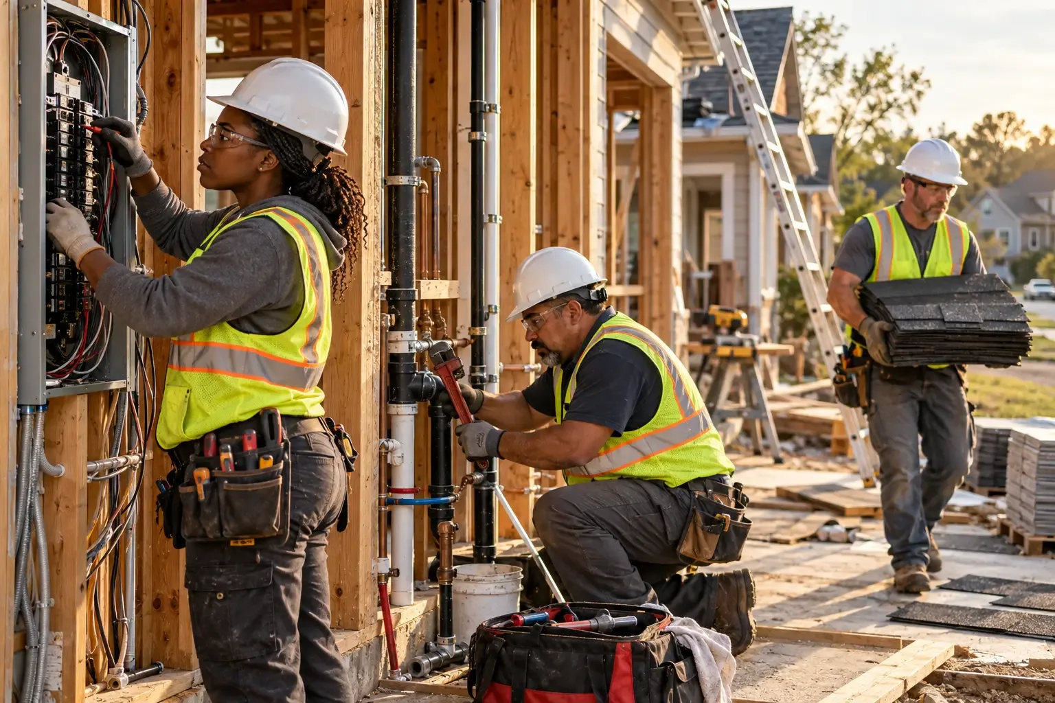 An electrician, a plumber and a roofer in hard hats and safety vests working on a house under construction