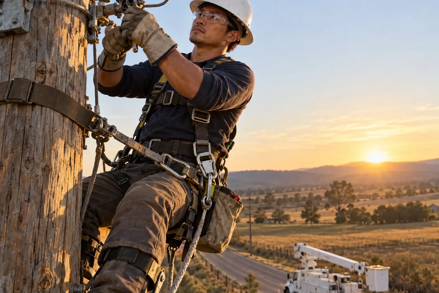 A utility lineman in a hard hat and fall-protection harness working on a power pole at sunset