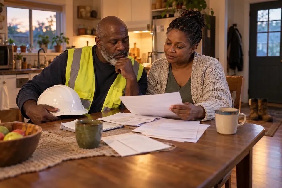A construction worker in a safety vest holding his hard hat while he and his wife review papers at their kitchen table