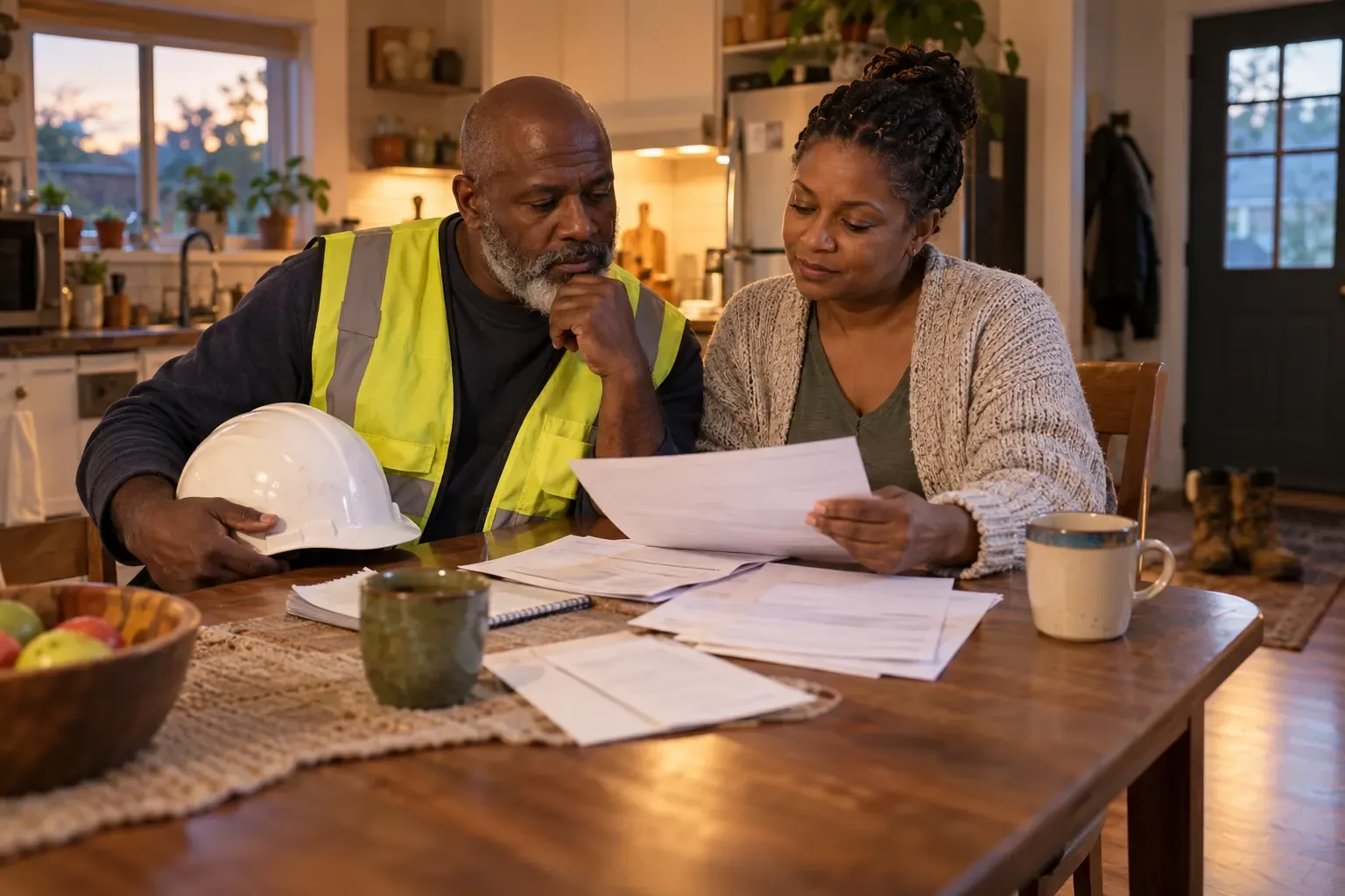 A construction worker in a safety vest holding his hard hat while he and his wife review papers at their kitchen table