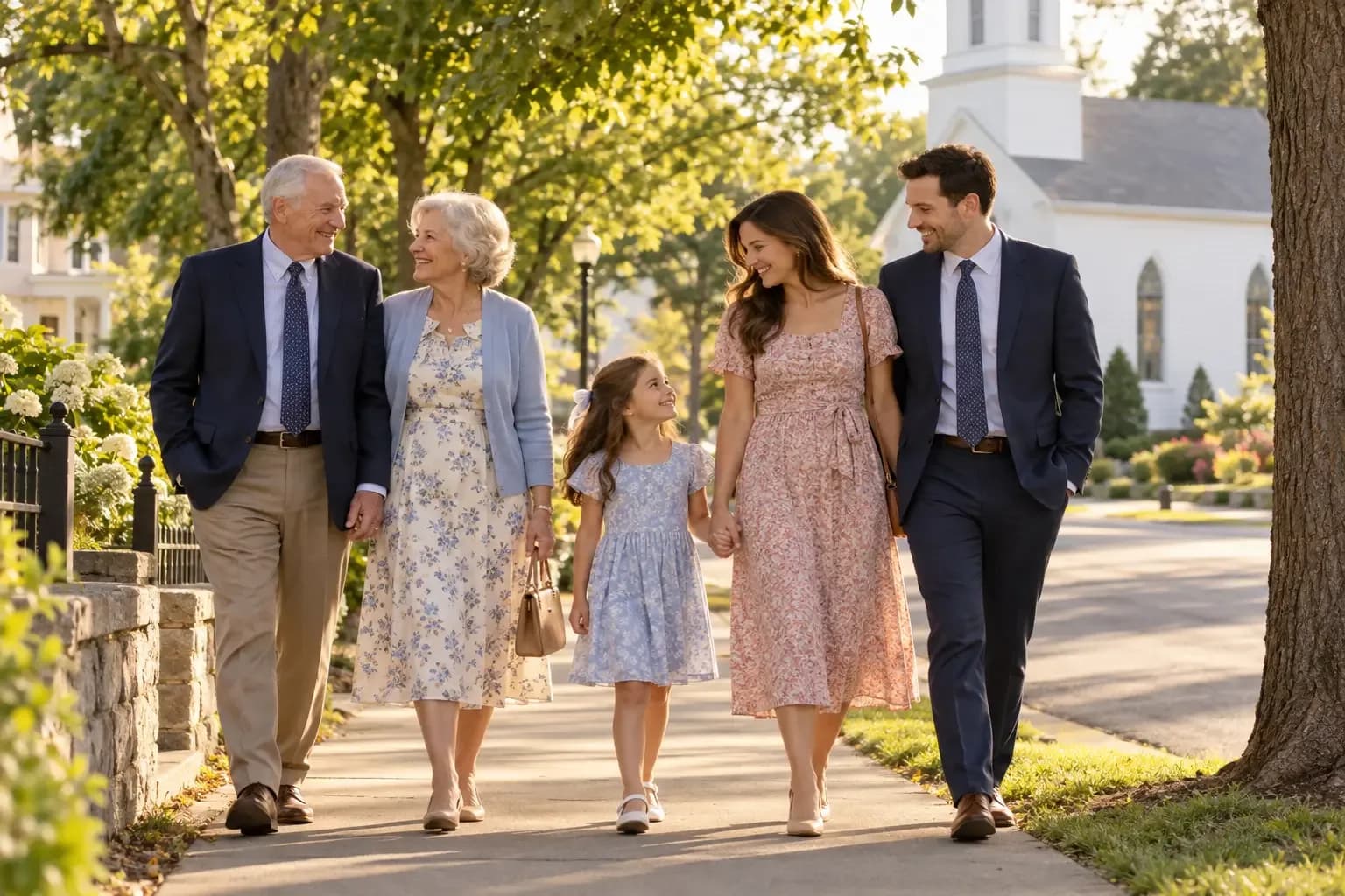 Three generations of a family walking along a tree-lined sidewalk past a white wooden church