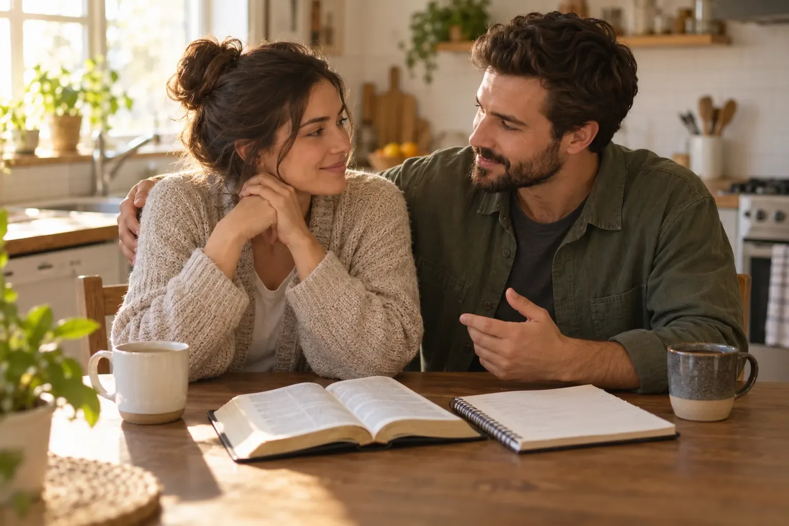 A young couple talking quietly at a kitchen table with an open Bible and a notebook