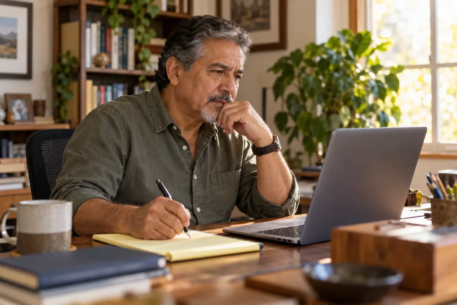 Man in his sixties at a home office desk taking notes on a legal pad beside an open laptop
