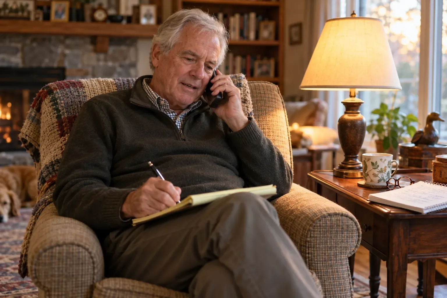 Older man in an armchair talking on the phone while writing notes on a notepad