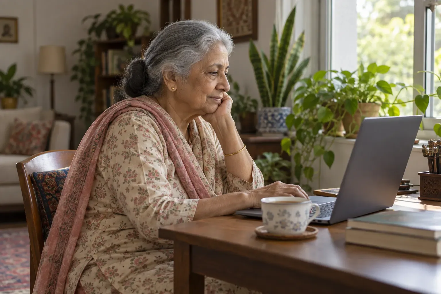 Older woman sitting at a small desk with a laptop and a cup of tea, looking thoughtful